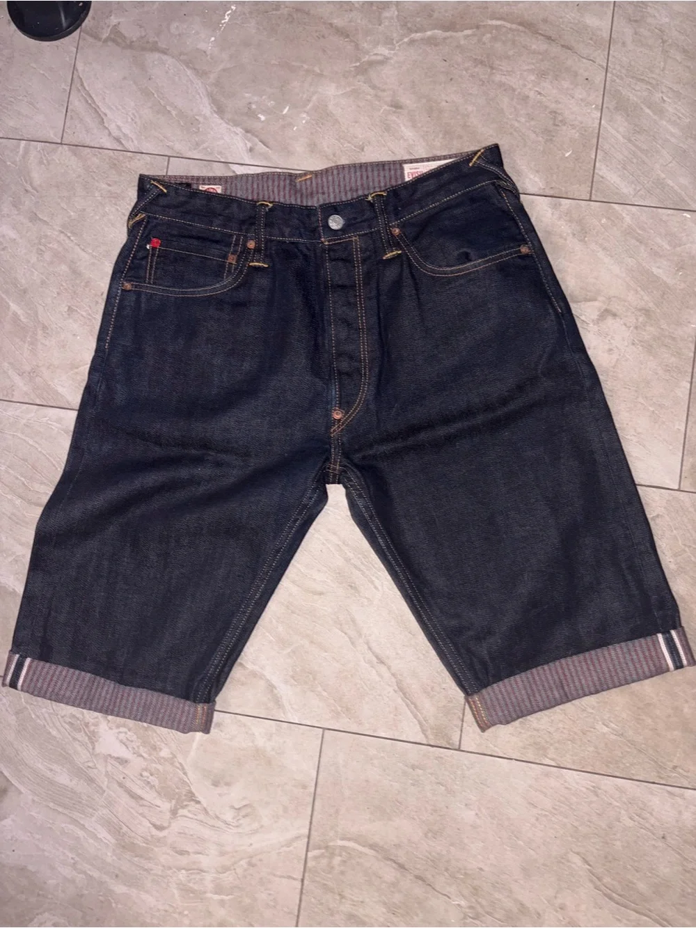 Evisu Dark Indigo Denim Shorts with Signature Back Pocket Stitch